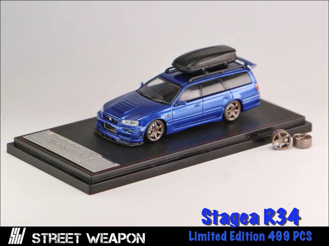 1/64 Street Weapon Nissan Stagea R34 w/ Extra Wheels & Roof Box Blue