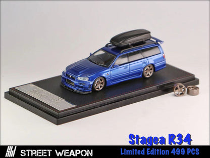 1/64 Street Weapon Nissan Stagea R34 w/ Extra Wheels & Roof Box Blue