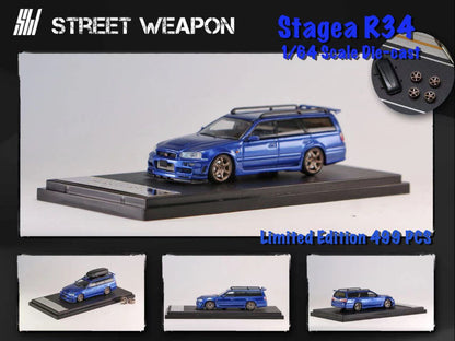 1/64 Street Weapon Nissan Stagea R34 w/ Extra Wheels & Roof Box Blue