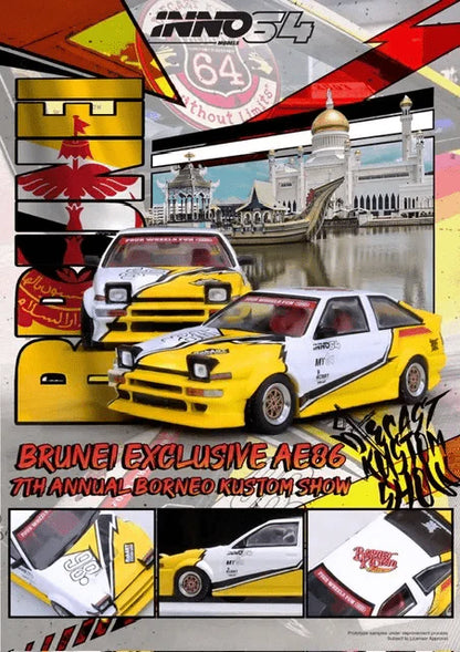 Inno64 1/64 Toyota Sprinter Trueno (AE86) Brunei Exclusive Wildcard Diecast Kustom Show 2024 Yellow & White