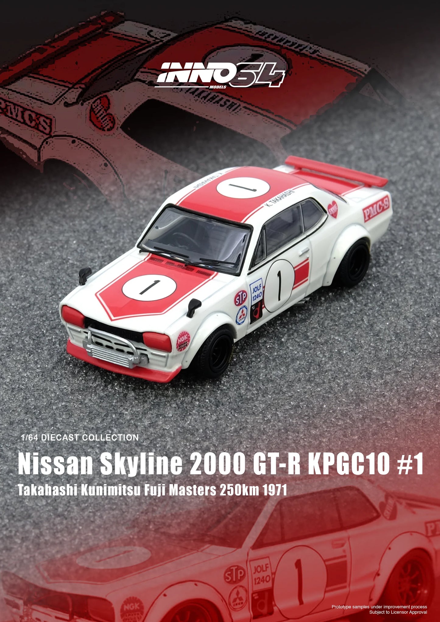 Inno64 1/64 Nissan Skyline 2000 GT-R (KPGC10) #1 Takahashi Kunimitsu Fuji Masters 250Km 1971 White & Red