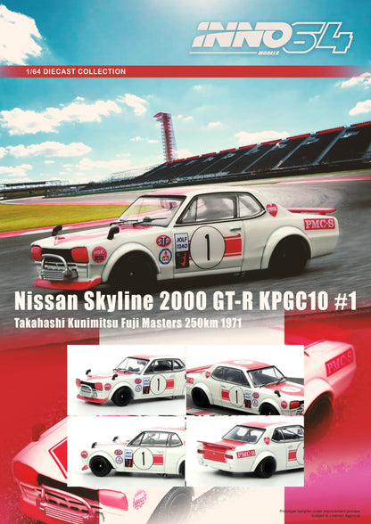 Inno64 1/64 Nissan Skyline 2000 GT-R (KPGC10) #1 Takahashi Kunimitsu Fuji Masters 250Km 1971 White & Red