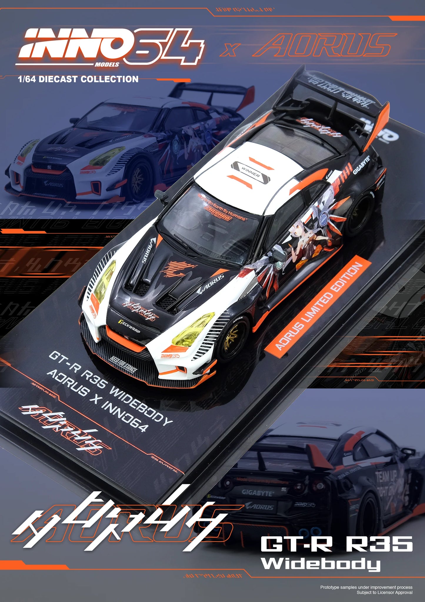 Inno64 1/64 Nissan GT-R (R35) Widebody Aorus x Inno64 Limited Edition Black & White - IN64-R35LB-AORUS