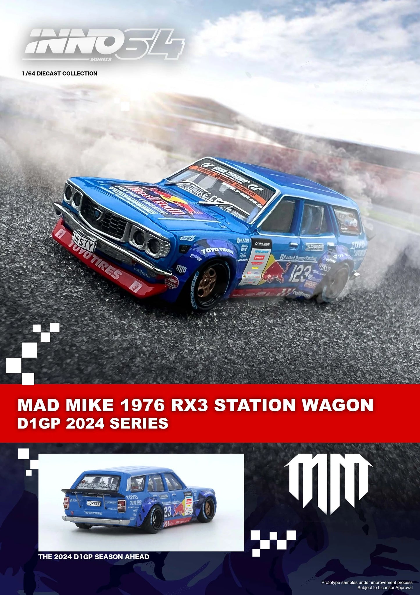 Inno64 1/64 Mazda RX3 Station Wagon Mad Mike 1976 D1GP 2024 Series Blue - IN64-RX3P-D1GP24