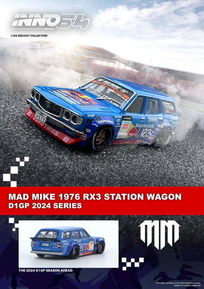 Inno64 1/64 Mazda RX3 Station Wagon Mad Mike 1976 D1GP 2024 Series Blue - IN64-RX3P-D1GP24