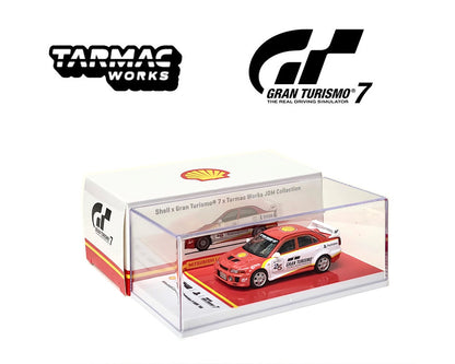 Tarmac Works 1/64 Mitsubishi Lancer Evolution V GSR 1998 – Shell – Gran Turismo 7 – JDM Collection Red & White - T64-012-SS22