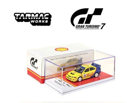 Tarmac Works 1/64 Mitsubishi Lancer Evolution VI GSR T.M. EDITION 1999 Shell – Gran Turismo 7 – JDM Collection Yellow & Blue - T64-021-SS22