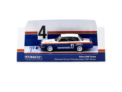 Tarmac Works 1/64 Volvo 240 Turbo Malaysian Group A Championships 1987 Winner n4 - HOBBY64 White & Blue - T64-050-87MAL04