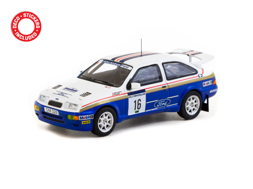 Tarmac Works 1/64 Ford Sierra RS Cosworth Rally of New Zealand 1989 #16 - HOBBY64 White & Blue