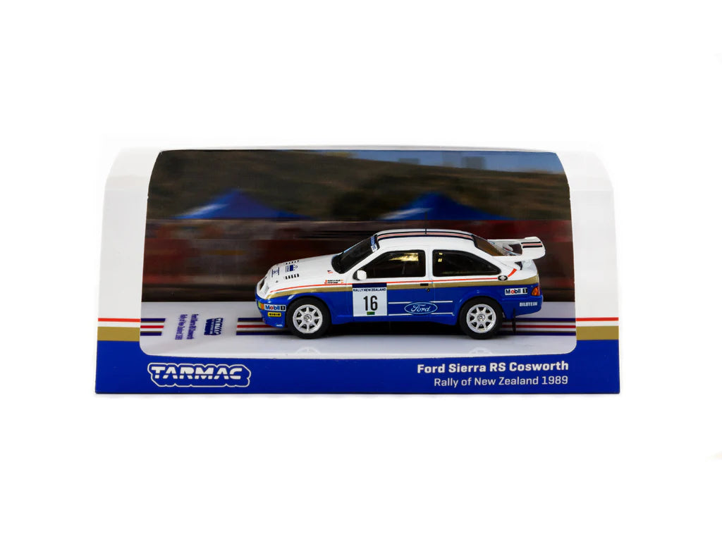 Tarmac Works 1/64 Ford Sierra RS Cosworth Rally of New Zealand 1989 #16 - HOBBY64 White & Blue