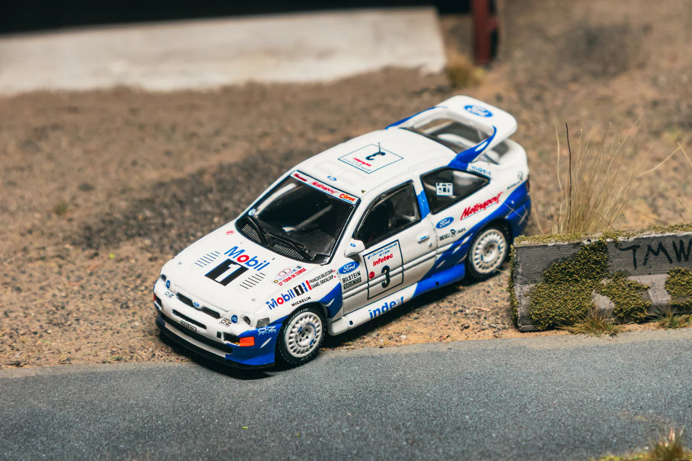 Tarmac Works 1/64 Ford Escort RS Cosworth Tour de Corse - Rallye de France 1993 Winner #3 HOBBY64 White & Blue - T64-081-93RDF03