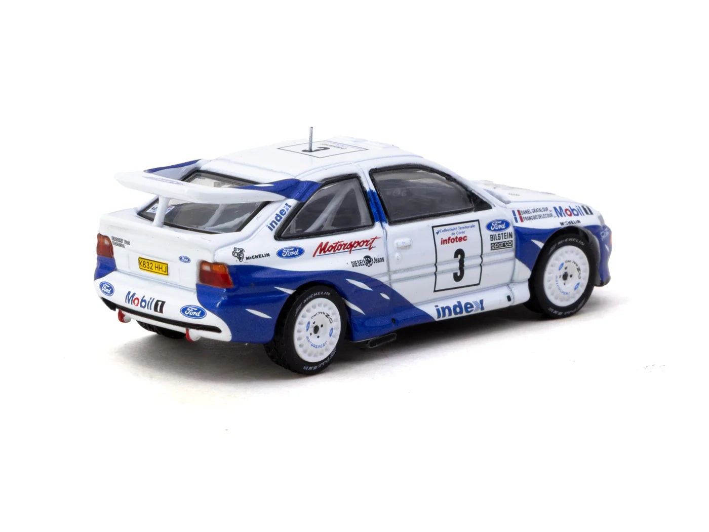 Tarmac Works 1/64 Ford Escort RS Cosworth Tour de Corse - Rallye de France 1993 Winner #3 HOBBY64 White & Blue - T64-081-93RDF03