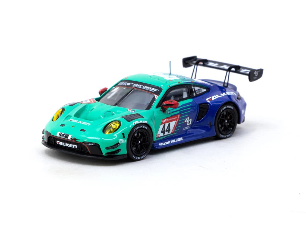 Tarmac Works X iXO Models 1/64 Porsche 911 GT3 R Nürburgring 24h 2023 n44 - HOBBY64 Green & Blue - T64-084-23NUR44 - Damaged Box