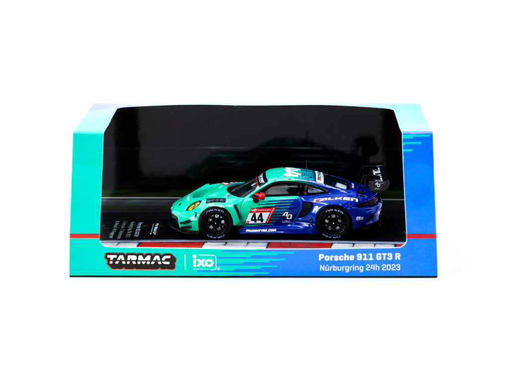 Tarmac Works X iXO Models 1/64 Porsche 911 GT3 R Nürburgring 24h 2023 n44 - HOBBY64 Green & Blue - T64-084-23NUR44 - Damaged Box
