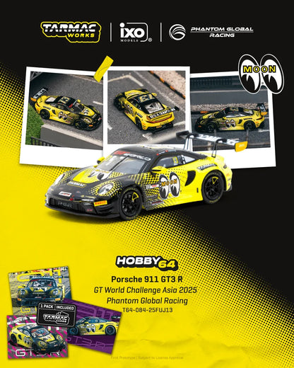 Tarmac Works x iXO Models 1/64 Porsche 911 GT3 R GT World Challenge Asia 2025 Phantom Global Racing #13 with Tarmac Cards HOBBY64 Yellow & Black - T64-084-25FUJ13