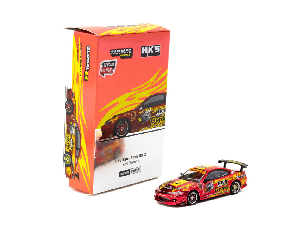 Tarmac Works 1/64 Tokyo Auto Salon HKS Hiper Nissan Silvia RS-2 Chrome Red Special Edition - GLOBAL64 - T64G-023-HKSRC