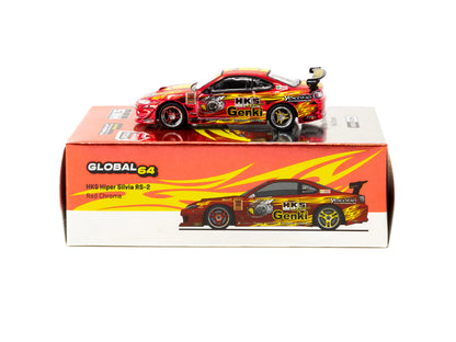 Tarmac Works 1/64 Tokyo Auto Salon HKS Hiper Nissan Silvia RS-2 Chrome Red Special Edition - GLOBAL64 - T64G-023-HKSRC
