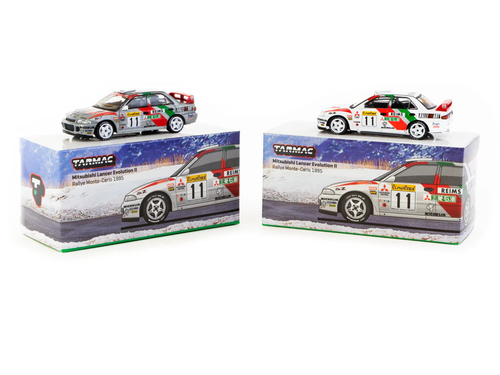 Tarmac Works 1/64 Mitsubishi Lancer Evolution II Rallye Monte-Carlo 1995 #11 GLOBAL64 White - T64G-049-95MCR11