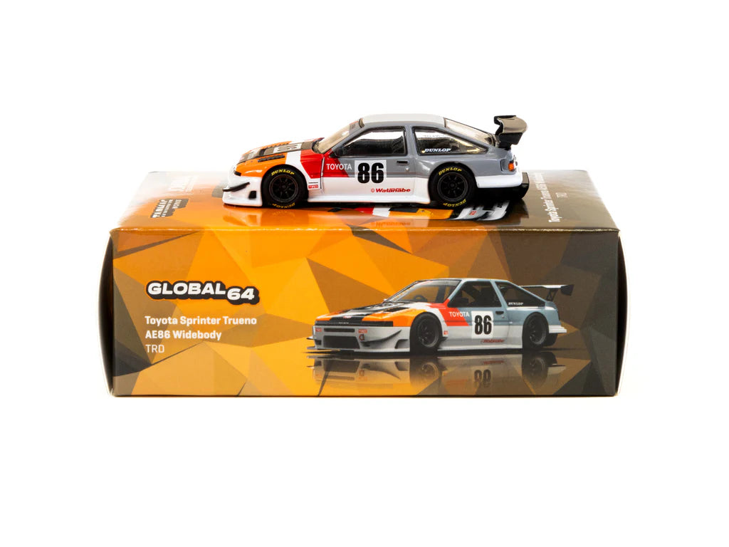 Tarmac Works 1/64 Toyota Sprinter Trueno AE86 Widebody TRD - GLOBAL64 White & Orange