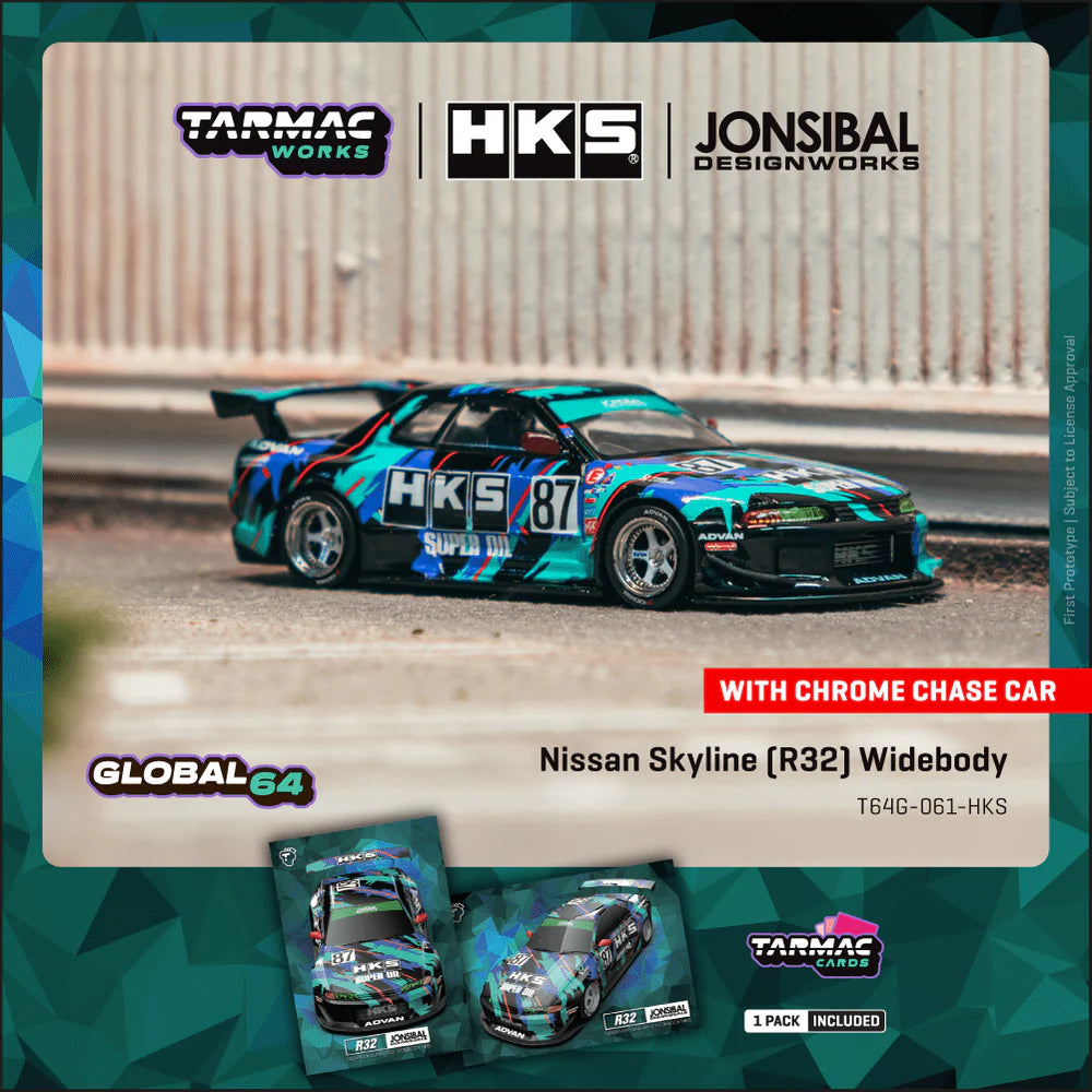 Tarmac Works 1/64 Nissan Skyline (R32) Widebody HKS with Tarmac Cards Combo Set - Designed by Jon Sibal Black & Green - GLOBAL64 - T64G-061-HKS