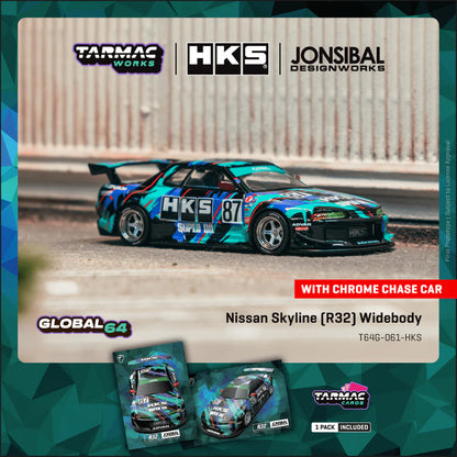 Tarmac Works 1/64 Nissan Skyline (R32) Widebody HKS with Tarmac Cards Combo Set - Designed by Jon Sibal Black & Green - GLOBAL64 - T64G-061-HKS