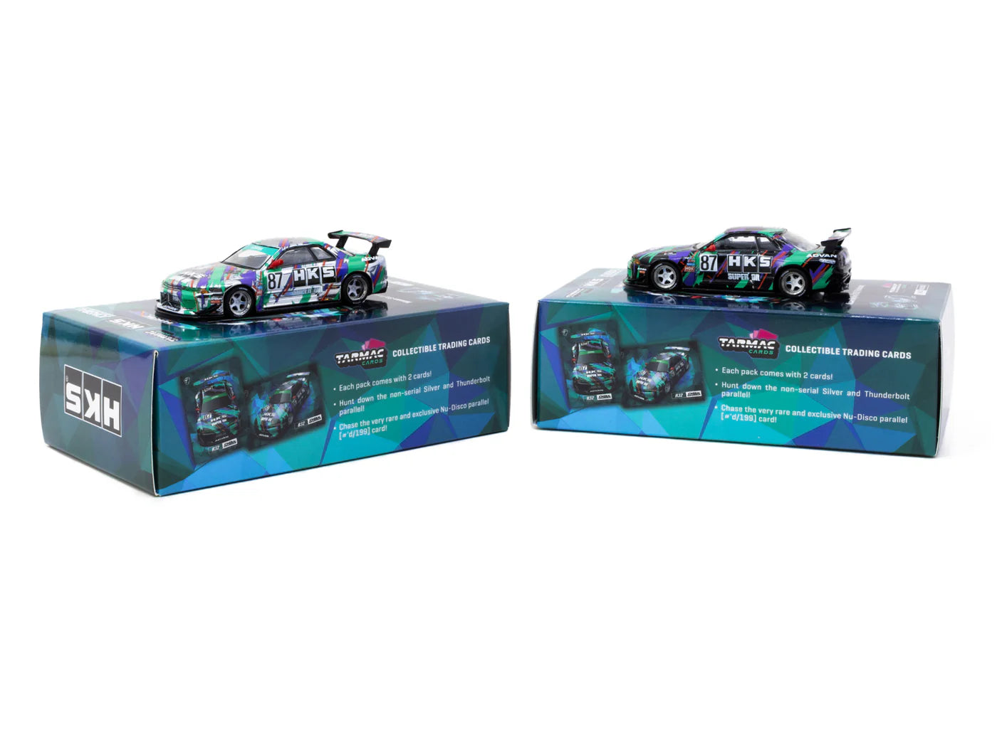 Tarmac Works 1/64 Nissan Skyline (R32) Widebody HKS with Tarmac Cards Combo Set - Designed by Jon Sibal Black & Green - GLOBAL64 - T64G-061-HKS