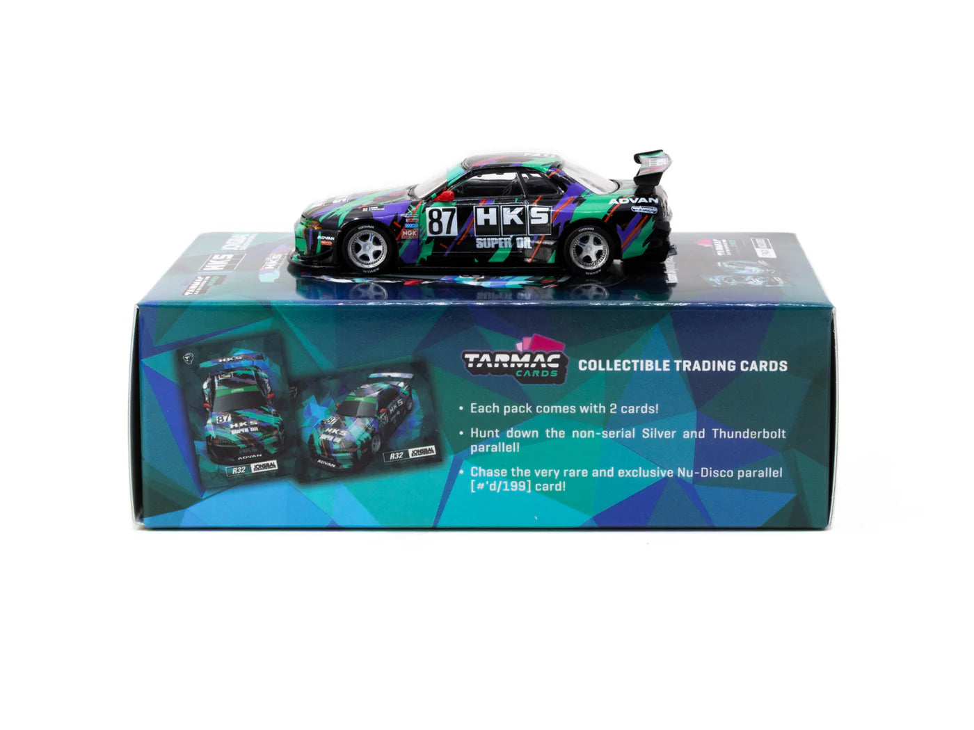 Tarmac Works 1/64 Nissan Skyline (R32) Widebody HKS with Tarmac Cards Combo Set - Designed by Jon Sibal Black & Green - GLOBAL64 - T64G-061-HKS