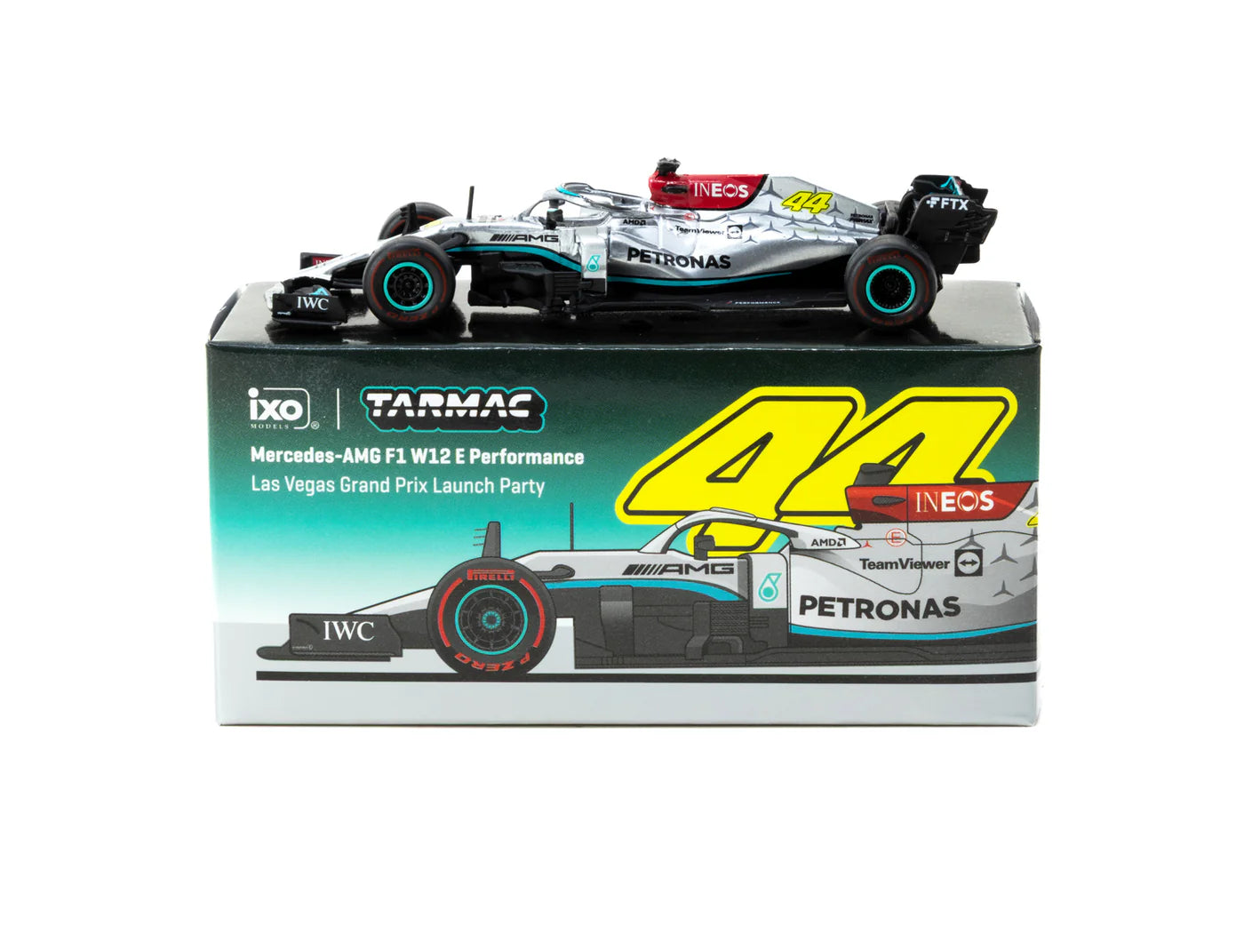 Tarmac Works x iXO Models 1/64 Mercedes-AMG F1 W12 E Performance Las Vegas Grand Prix Launch Party Black & Silver - GLOBAL64 - T64G-F037-LV