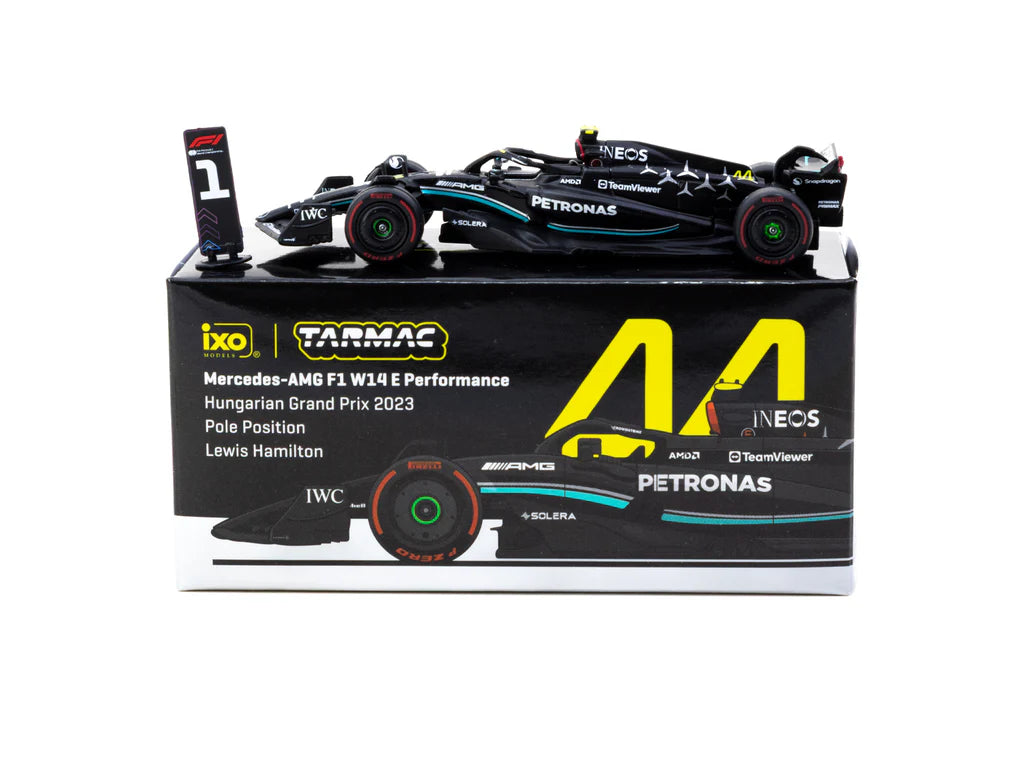 Tarmac Works x iXO Models 1/64 Mercedes-AMG F1 W14 E Performance Hungarian Grand Prix 2023 Pole Position Lewis Hamilton - GLOBAL64 Black - T64G-F064-LH1