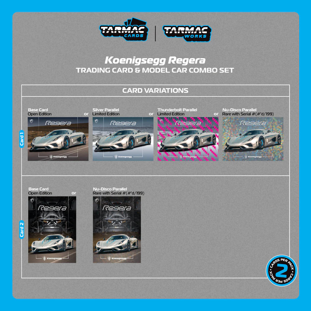 Tarmac Works 1/64 Koenigsegg Regera Silver Metallic / Blue Accents with Tarmac Cards Combo Set - GLOBAL64 - T64G-TL017-SL