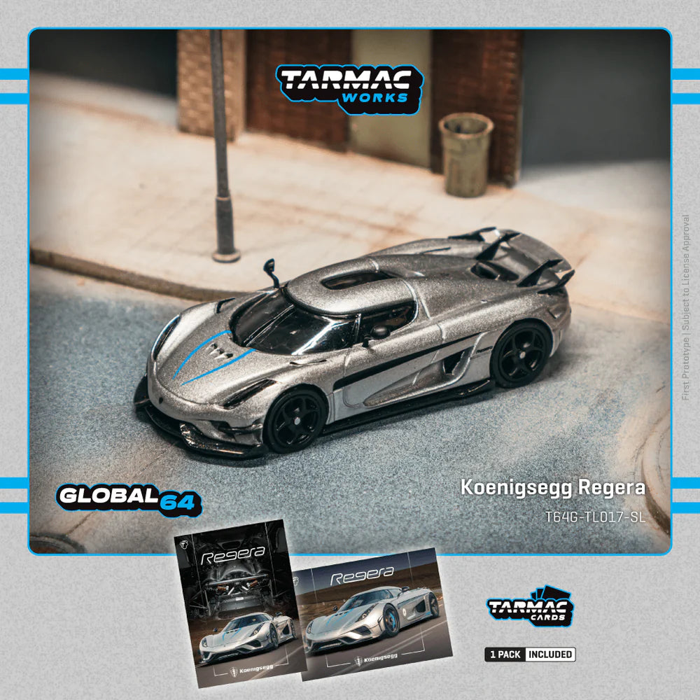 Tarmac Works 1/64 Koenigsegg Regera Silver Metallic / Blue Accents with Tarmac Cards Combo Set - GLOBAL64 - T64G-TL017-SL