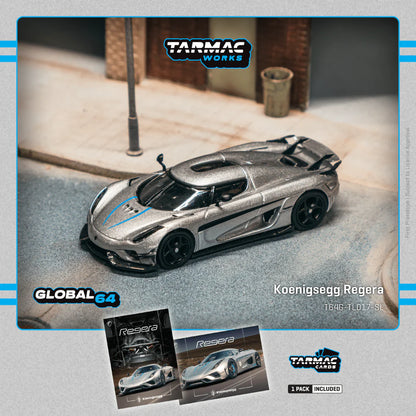 Tarmac Works 1/64 Koenigsegg Regera Silver Metallic / Blue Accents with Tarmac Cards Combo Set - GLOBAL64 - T64G-TL017-SL