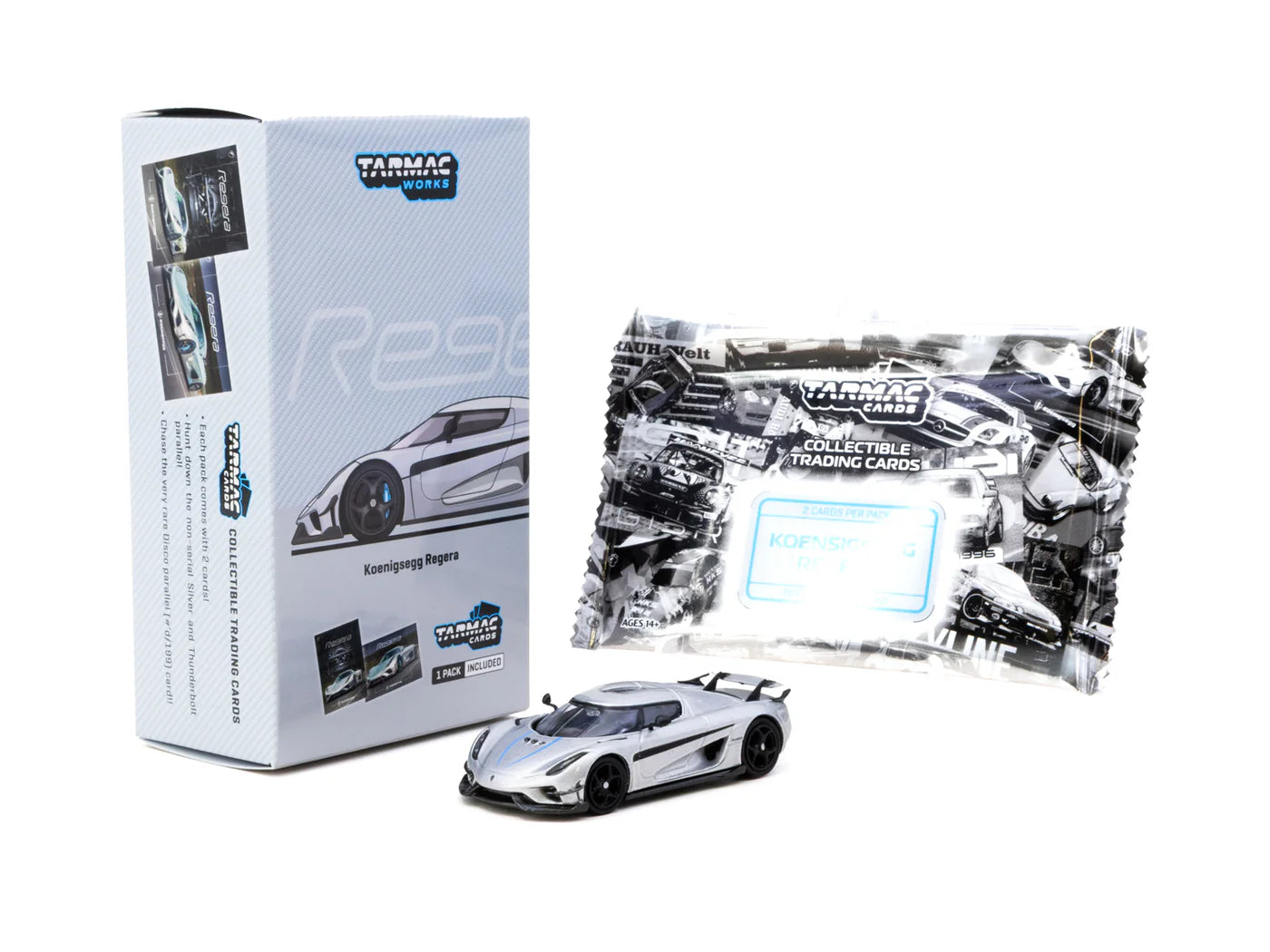 Tarmac Works 1/64 Koenigsegg Regera Silver Metallic / Blue Accents with Tarmac Cards Combo Set - GLOBAL64 - T64G-TL017-SL