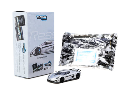 Tarmac Works 1/64 Koenigsegg Regera Silver Metallic / Blue Accents with Tarmac Cards Combo Set - GLOBAL64 - T64G-TL017-SL