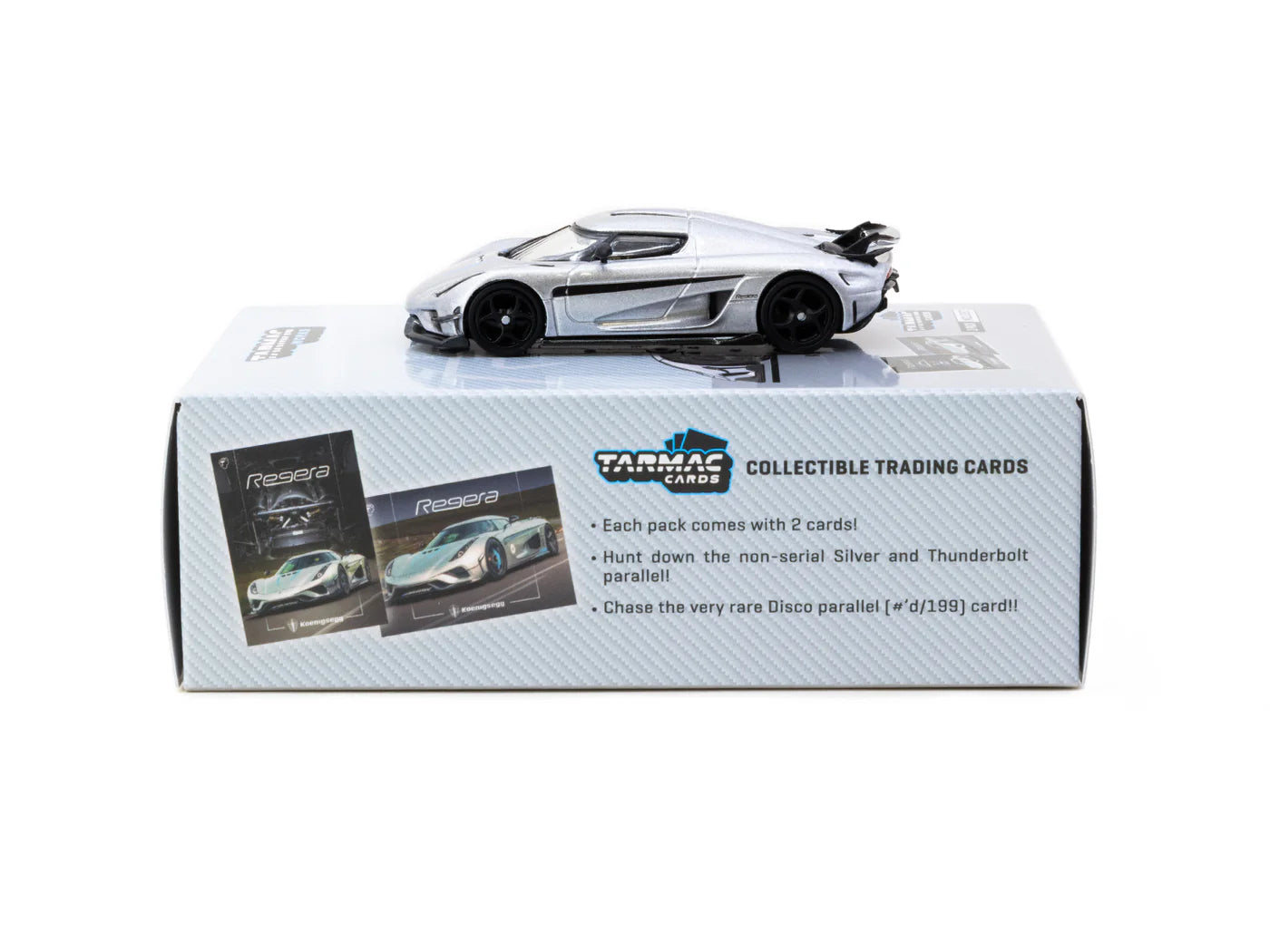 Tarmac Works 1/64 Koenigsegg Regera Silver Metallic / Blue Accents with Tarmac Cards Combo Set - GLOBAL64 - T64G-TL017-SL