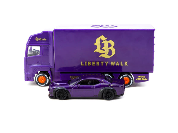 Tarmac Works 1/64 LB-WORKS Dodge Challenger SRT Hellcat Purple with Truck - GLOBAL64
