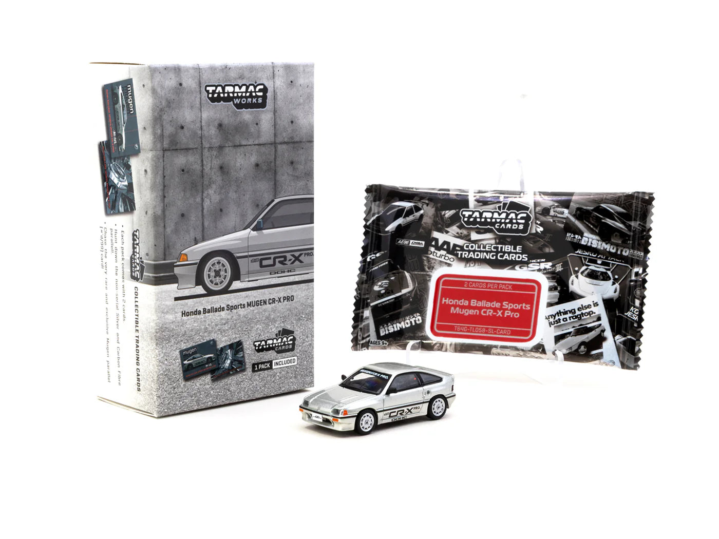 Tarmac Works 1/64 Honda Ballade Sports MUGEN CR-X Pro with Tarmac Cards Combo Set Silver - GLOBAL64 - T64G-TL058-SL