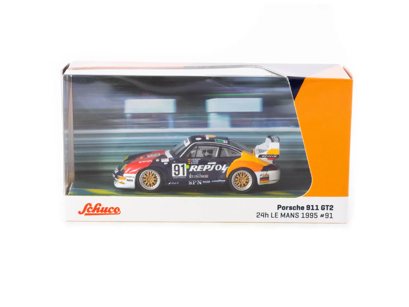 Tarmac Works x Schuco 1/64 Porsche 911 GT2 24h LE MANS 1995 #91 - COLLAB64 Blue - T64S-004-REP - Damaged Box
