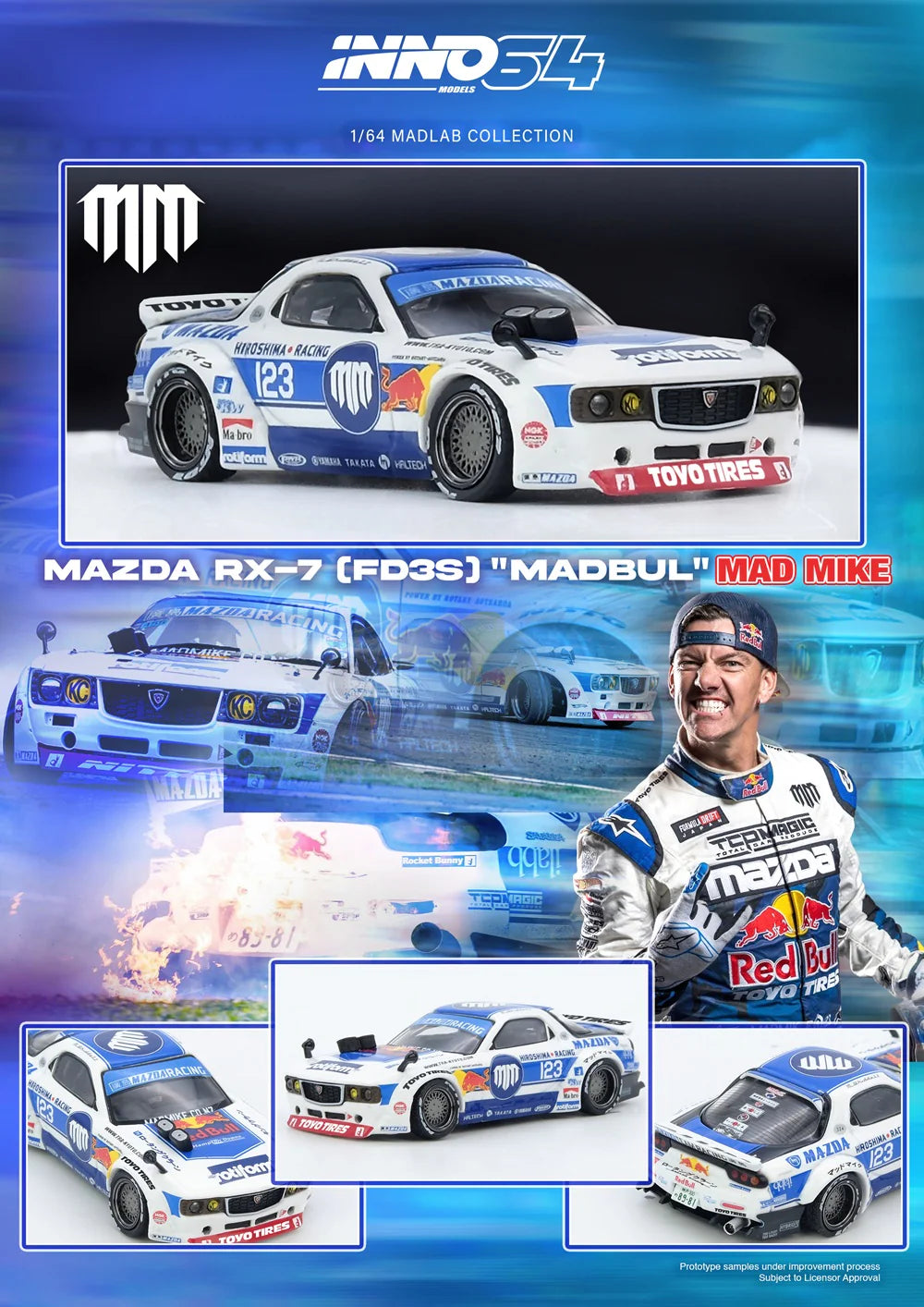 Inno64 1/64 Mazda RX-7 (FD3S) Madbul Gen 7.3 White & Blue - IN64-MADLAB01-MADBUL