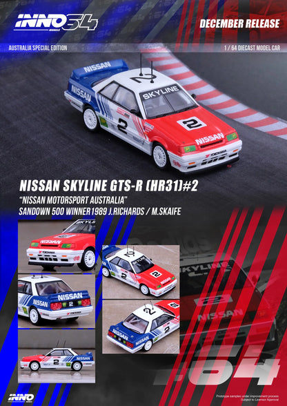 Inno64 1/64 Nissan Skyline GTS-R (HR31) #2 "Nissan Motorsport Australia" Red & White