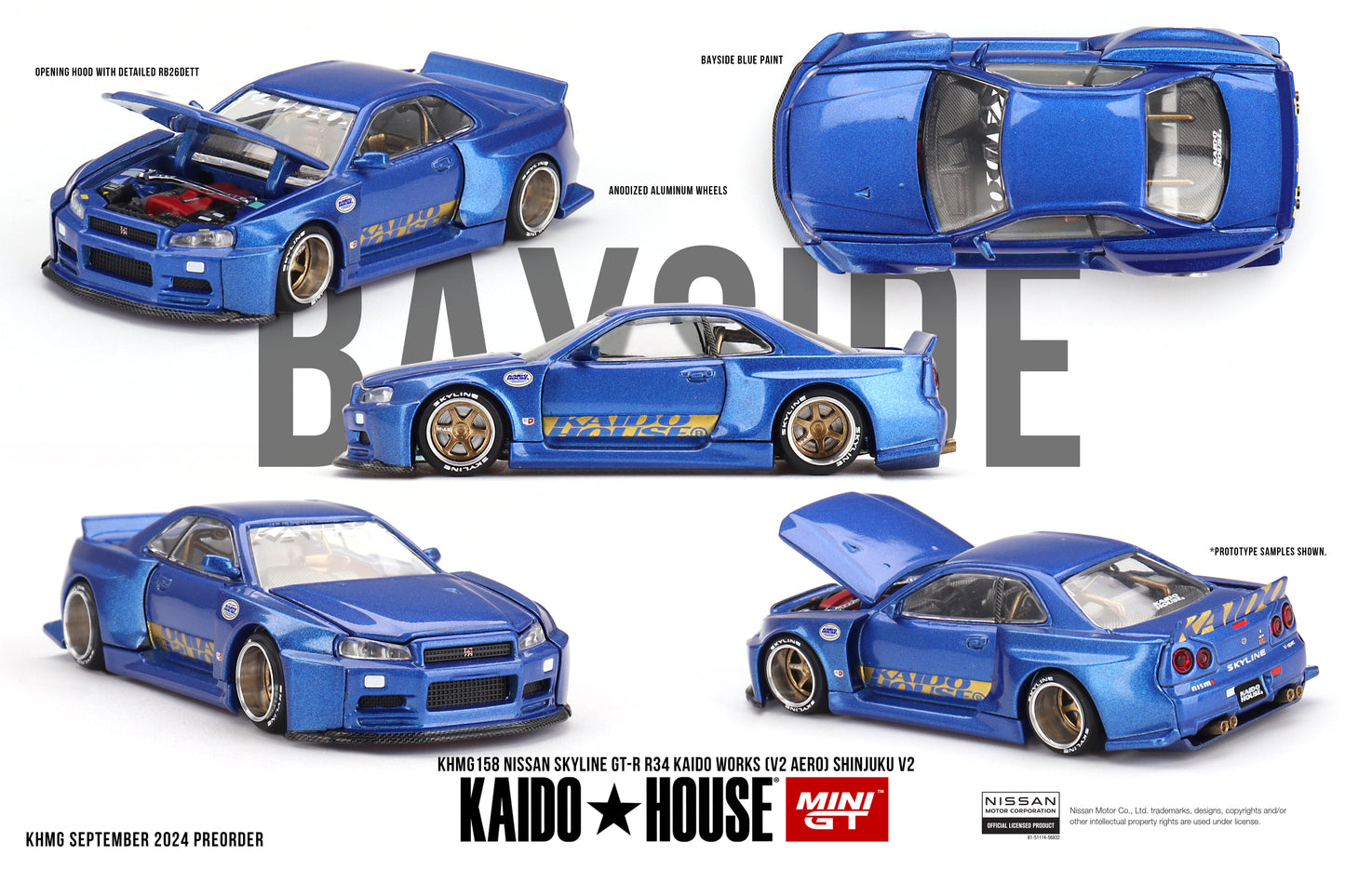 Mini GT x Kaido House 1/64 Nissan Skyline GT-R (R34) Kaido Works (V2 Aero) Shinjuku V2 Blue