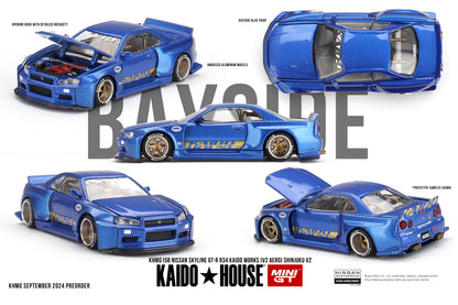 Mini GT x Kaido House 1/64 Nissan Skyline GT-R (R34) Kaido Works (V2 Aero) Shinjuku V2 Blue