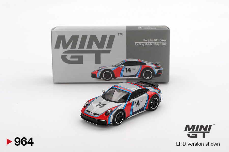 Mini GT 1/64 Porsche 911 Dakar Ice Grey Metallic "Rally 1978"  Red & Grey - MGT00964 - Damaged Box