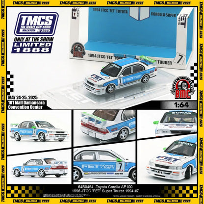 BM Creations 1/64 Toyota Corolla AE100 1994 JTCC FET Super Tourer #7 TMSC2025 White & Blue - 64B0454
