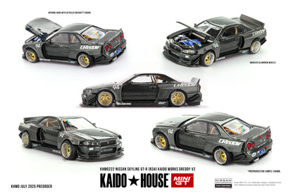 Mini GT x Kaido House 1/64 Nissan Skyline GT-R (R34) Kaido Works GReddy V2 Black - KHMG222