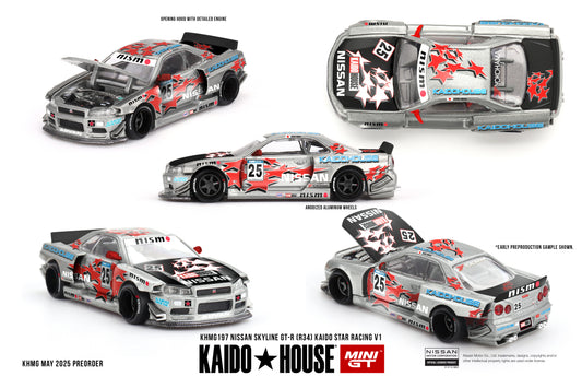 Mini GT x Kaido House 1/64 Nissan Skyline GT-R (R34) Kaido Star Racing V1 Grey - KHMG197