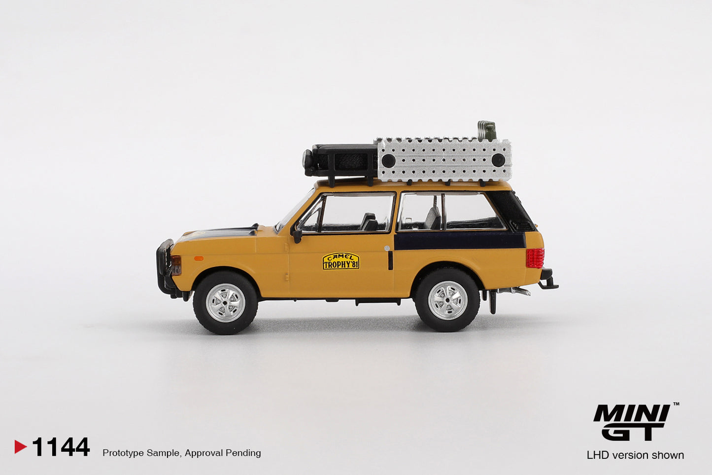 Mini GT 1/64 Range Rover 1981 Camel Trophy Sumatra C.Swoboda & K.Mentel Winner Yellow - MGT01144 - Damaged Box