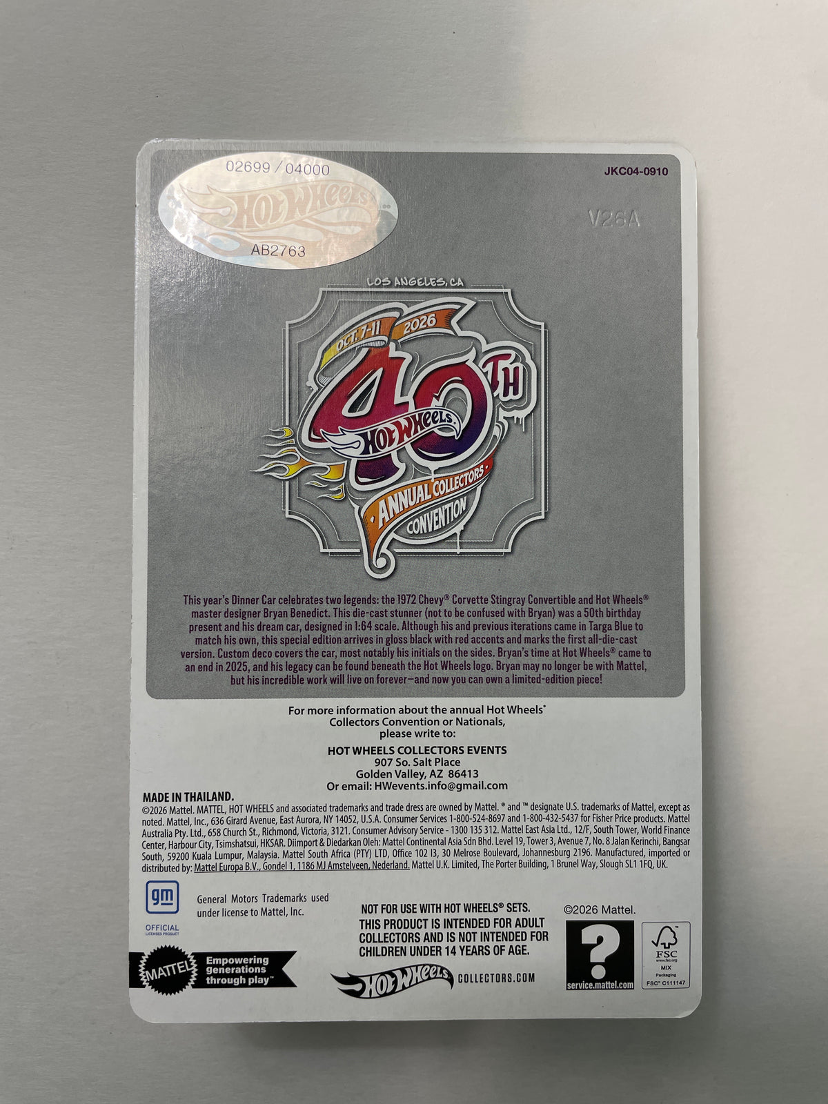 Hot Wheels 1/64 40th Annual Collectors Convention 2026 Dinner Kit '72 Corvette Stingray Convertible Black #2699 / T-Shirt (X-Large)/ Patch/ Pin/ E-Sheet (Read description)