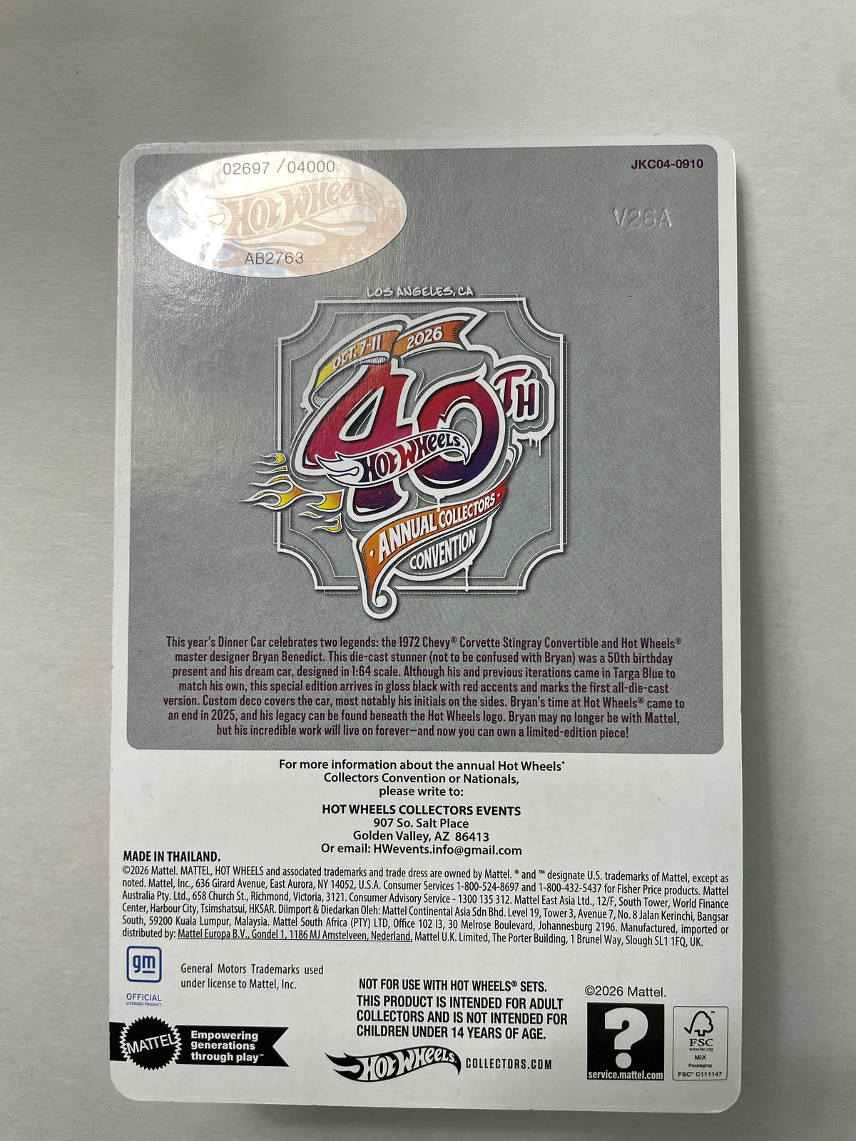 Hot Wheels 1/64 40th Annual Collectors Convention 2026 Dinner Kit '72 Corvette Stingray Convertible Black #2697 / T-Shirt (X-Large)/ Patch/ Pin