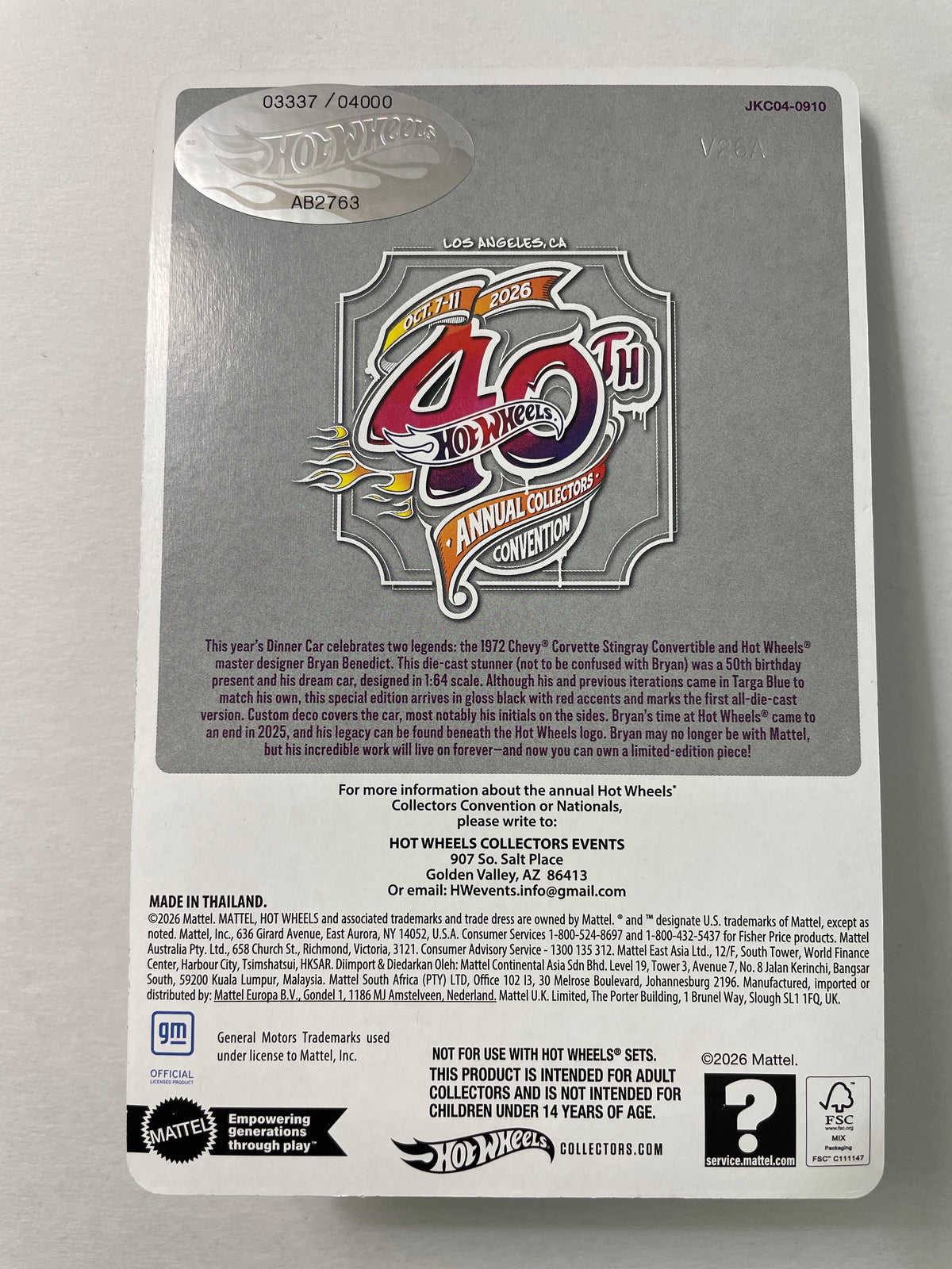 Hot Wheels 1/64 40th Annual Collector Convention Los Angeles Dinner '72 Corvette Stingray Convertible Black - JKC04-0910